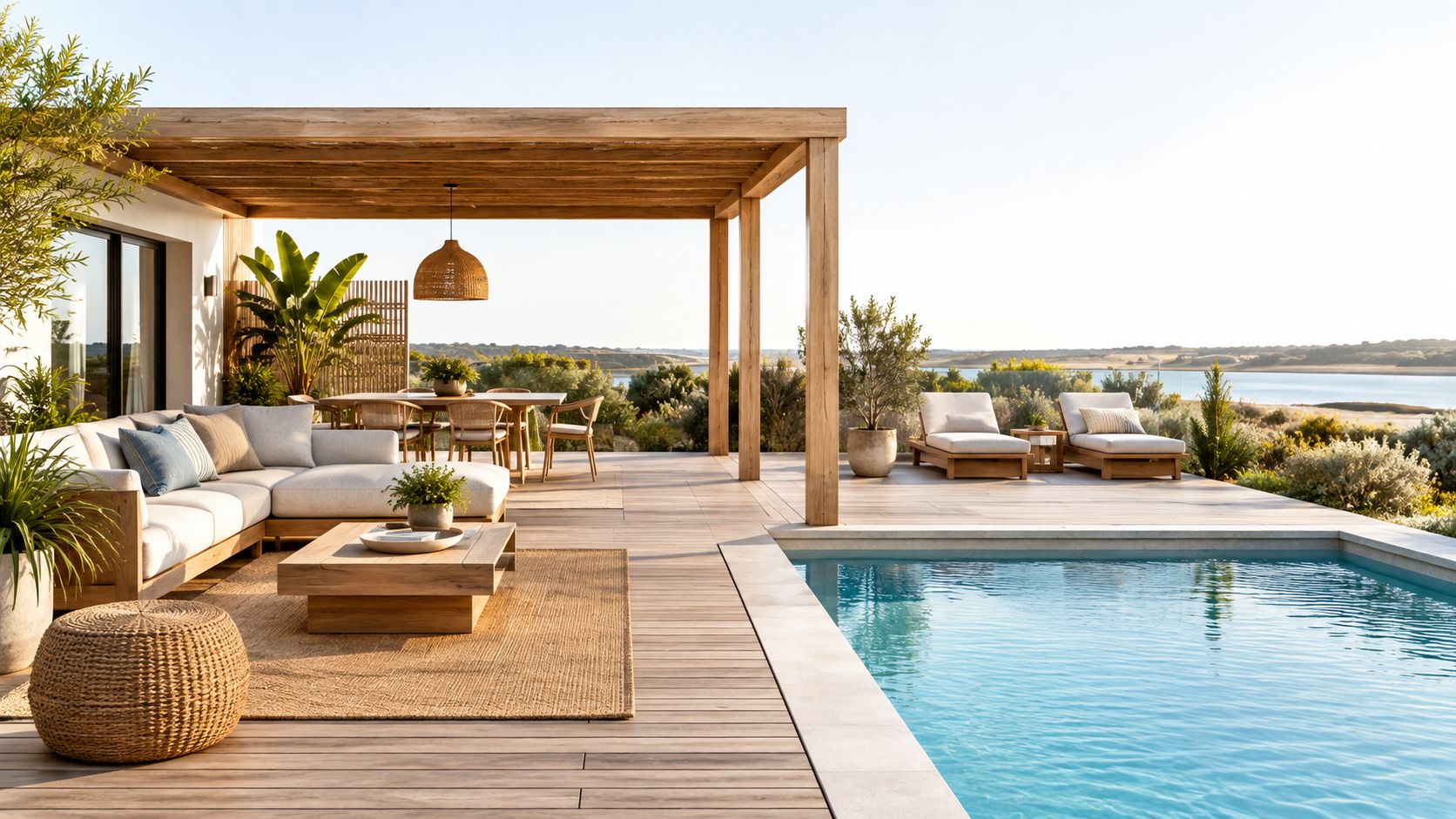 A luxurious modern patio with wooden decking, outdoor seating, and a swimming pool overlooking a scenic lake.