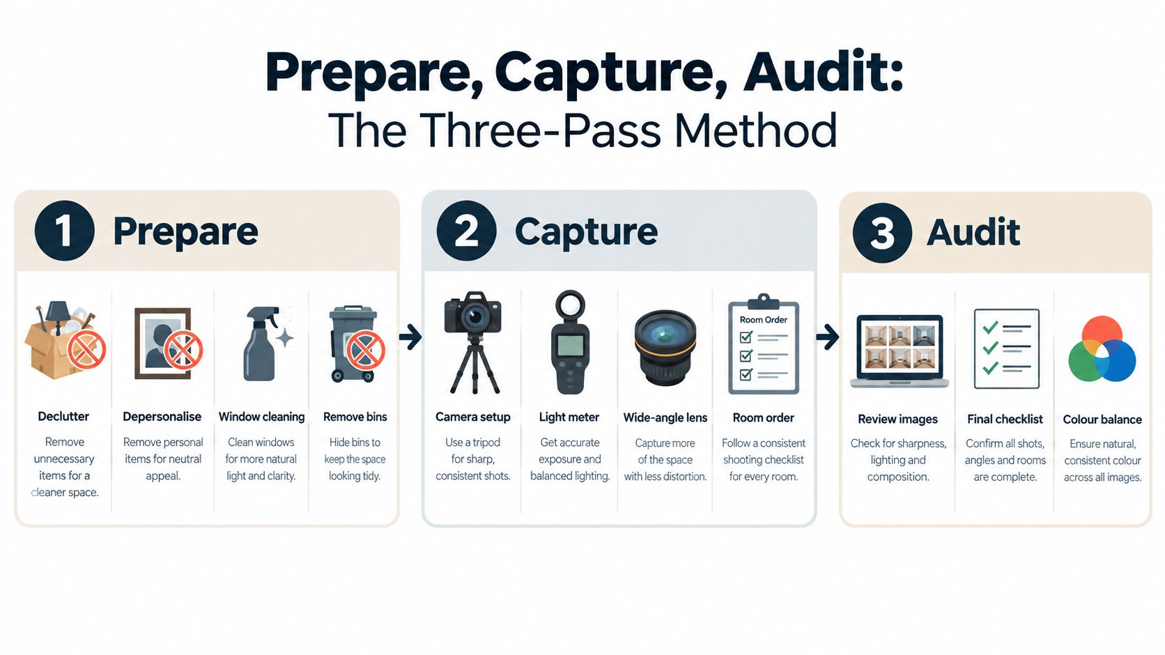 A three-step infographic showing the Prepare, Capture, and Audit method for professional real estate photography.