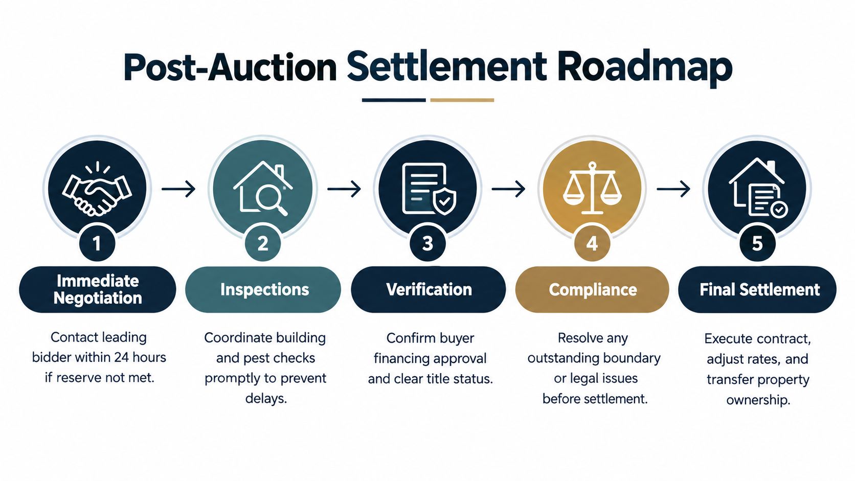 A five-step roadmap infographic outlining the post-auction settlement process for property sales and real estate transactions.
