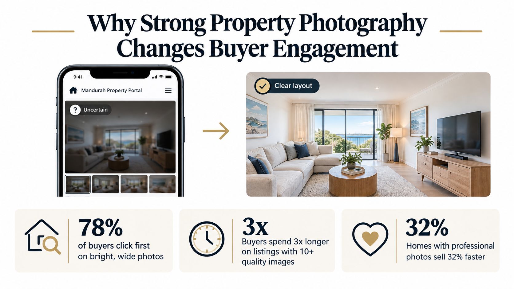 An infographic showing how high-quality professional property photography increases buyer engagement and speeds up home sales.