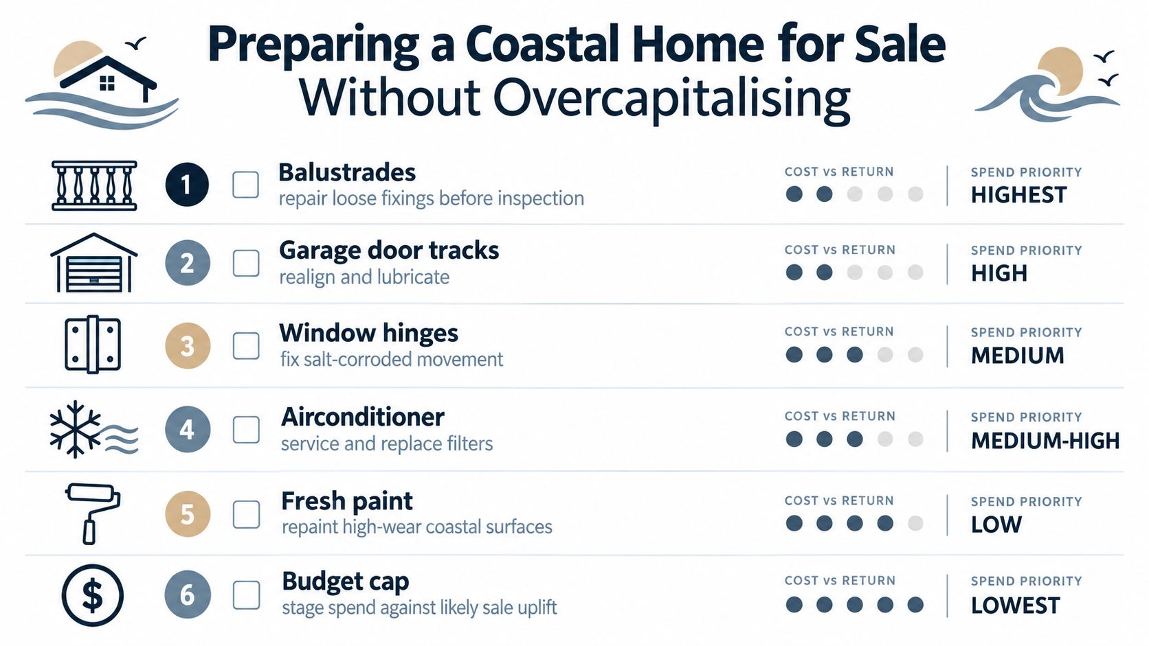 A checklist infographic titled Preparing a Coastal Home for Sale Without Overcapitalising, listing six essential property maintenance steps.