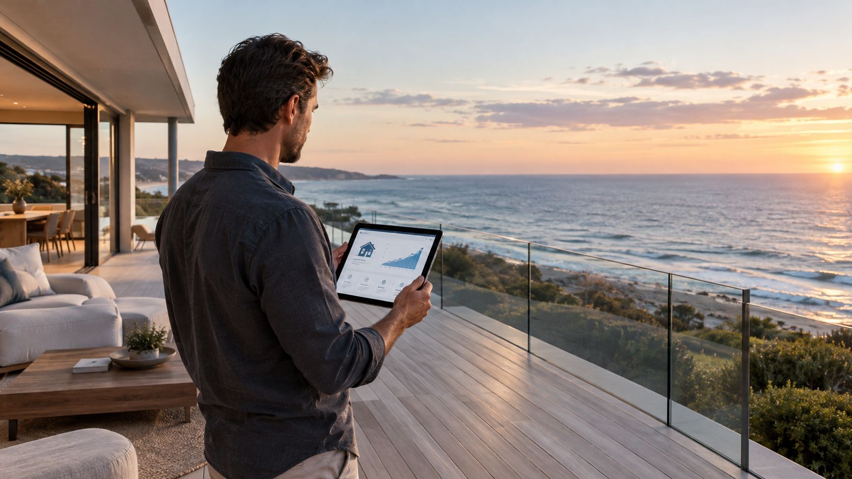 A man stands on a balcony overlooking the ocean while checking real estate data on a tablet.