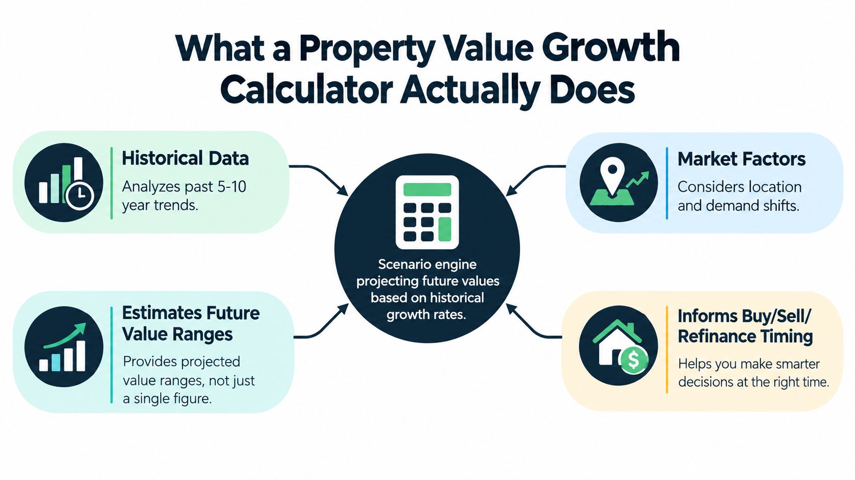 An infographic titled What a Property Value Growth Calculator Actually Does, displaying four key calculator functionalities.