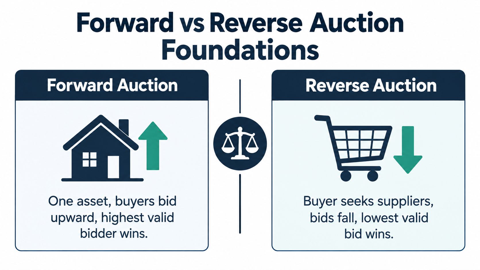 A comparison chart showing how forward auctions increase prices versus reverse auctions that decrease costs for buyers.