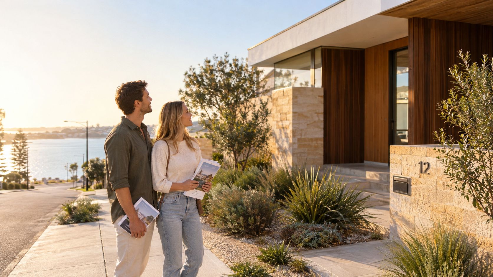 A young couple reviewing real estate brochures while viewing a modern luxury house for sale near water.