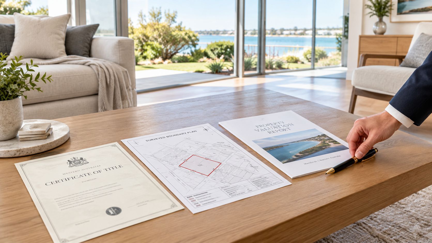 A professional desk featuring a Certificate of Title, a survey boundary plan, and a property valuation report.