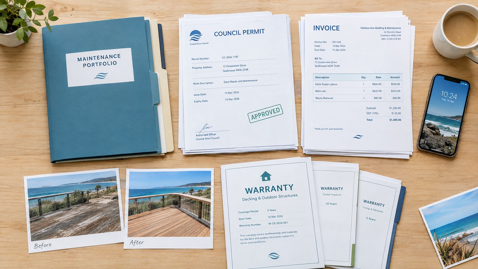 A flatlay of deck renovation documents including a permit, invoice, warranty papers, and before and after photographs.