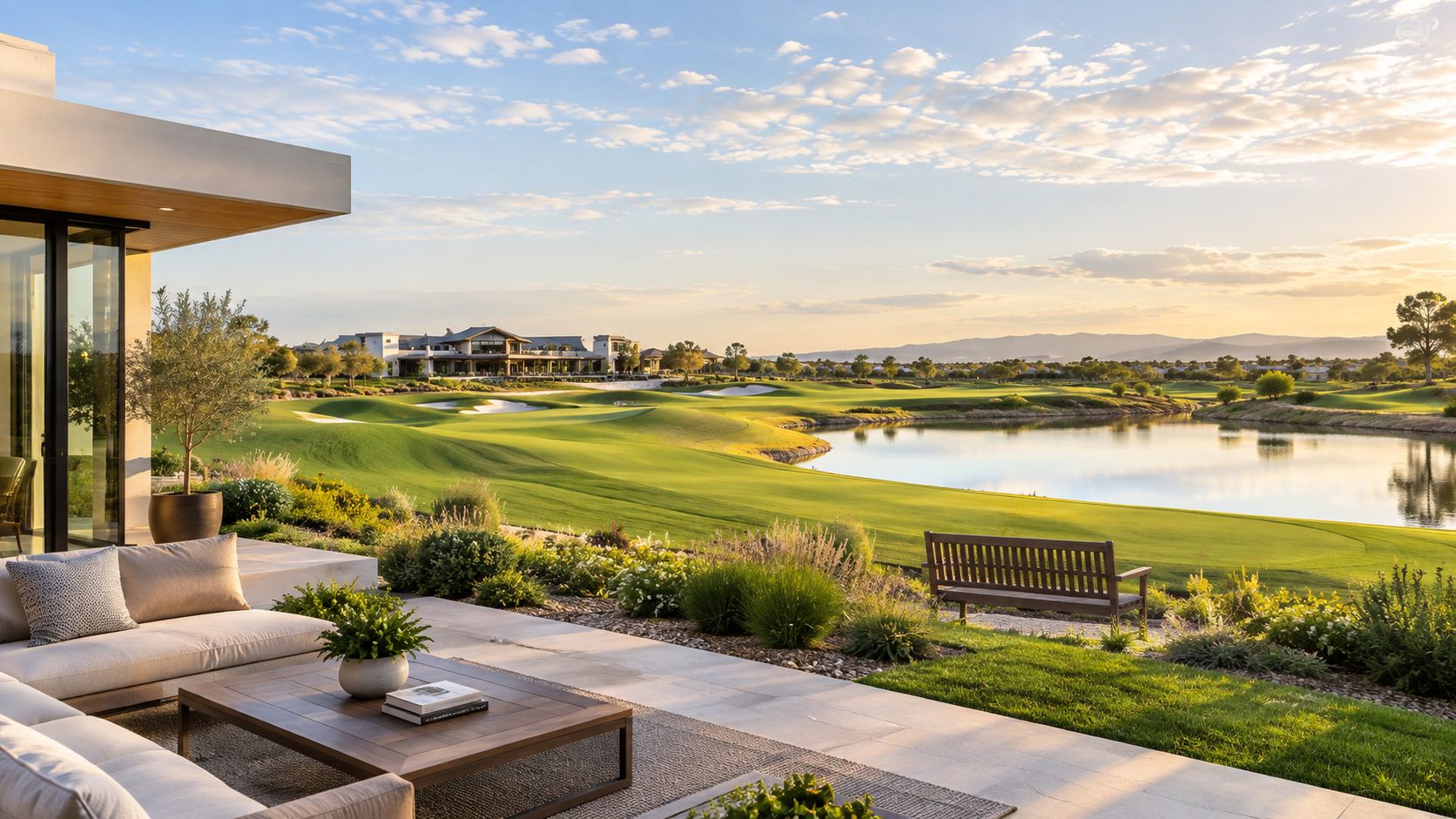A modern outdoor lounge area overlooking a scenic golf course with a large lake and distant mountains.