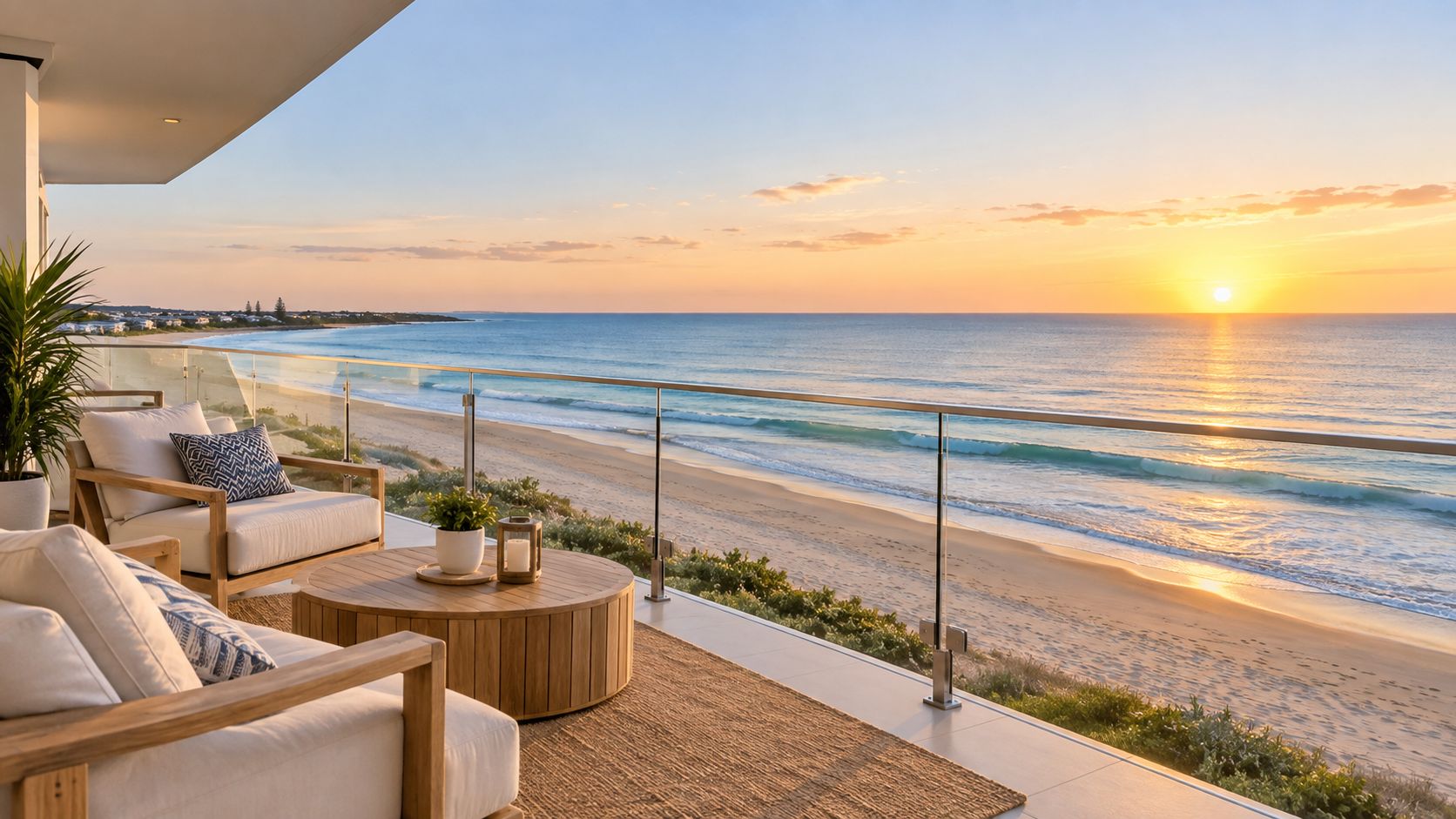 A luxurious oceanfront balcony featuring comfortable wooden chairs and a round table during a scenic sunset.