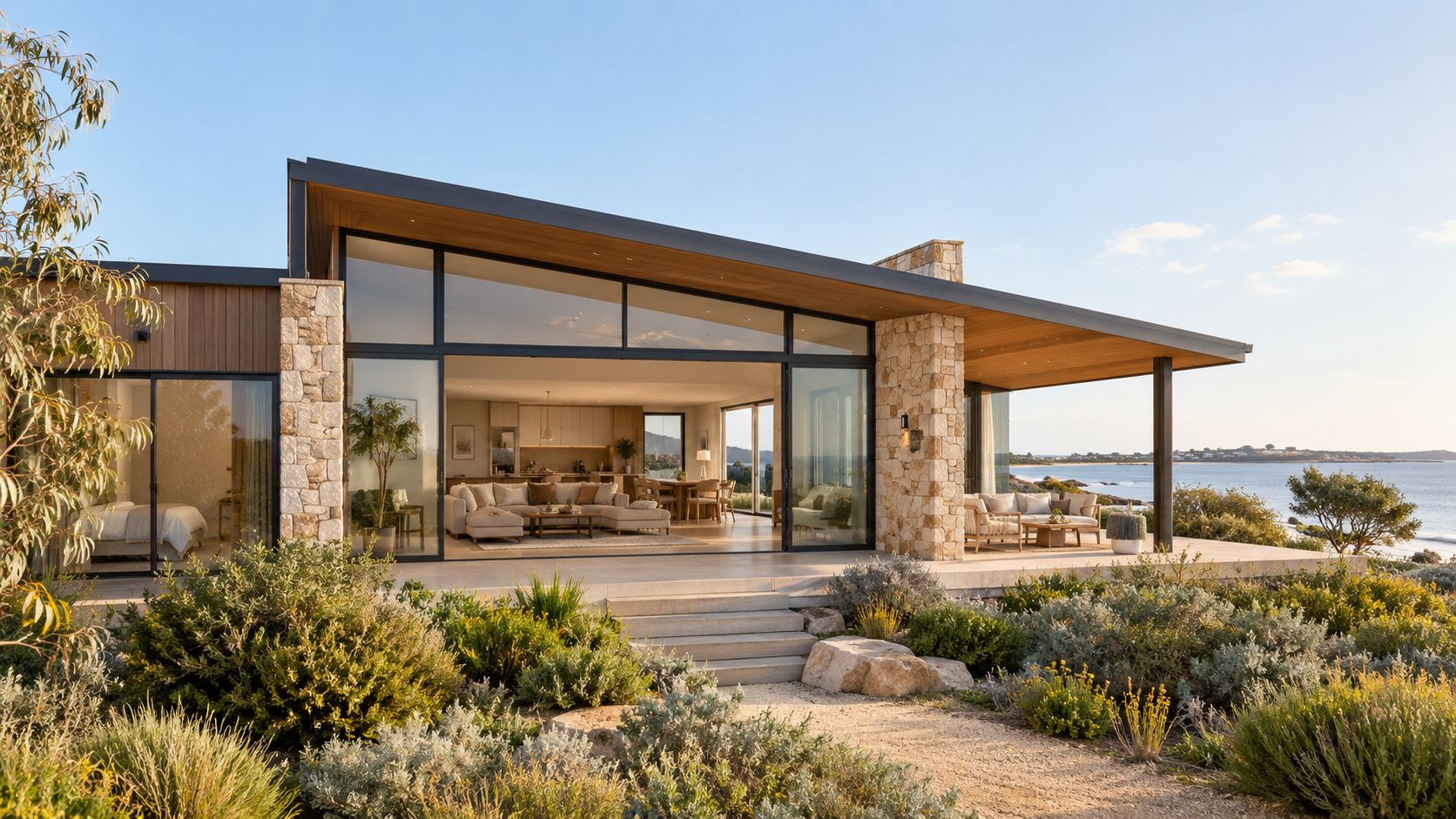 A modern luxury home with floor to ceiling windows overlooking the ocean, featuring stone accents and landscaping.