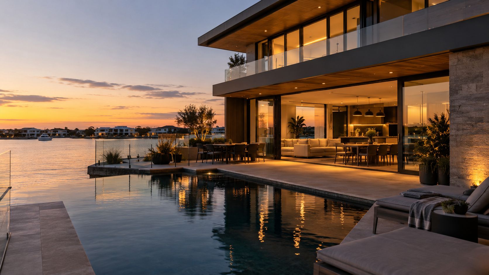 A luxurious waterfront modern house featuring an infinity pool and sunset views over the calm bay waters.