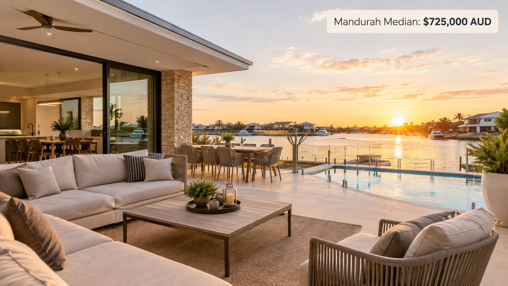 A luxurious waterfront terrace with modern outdoor furniture overlooking a scenic canal at sunset.