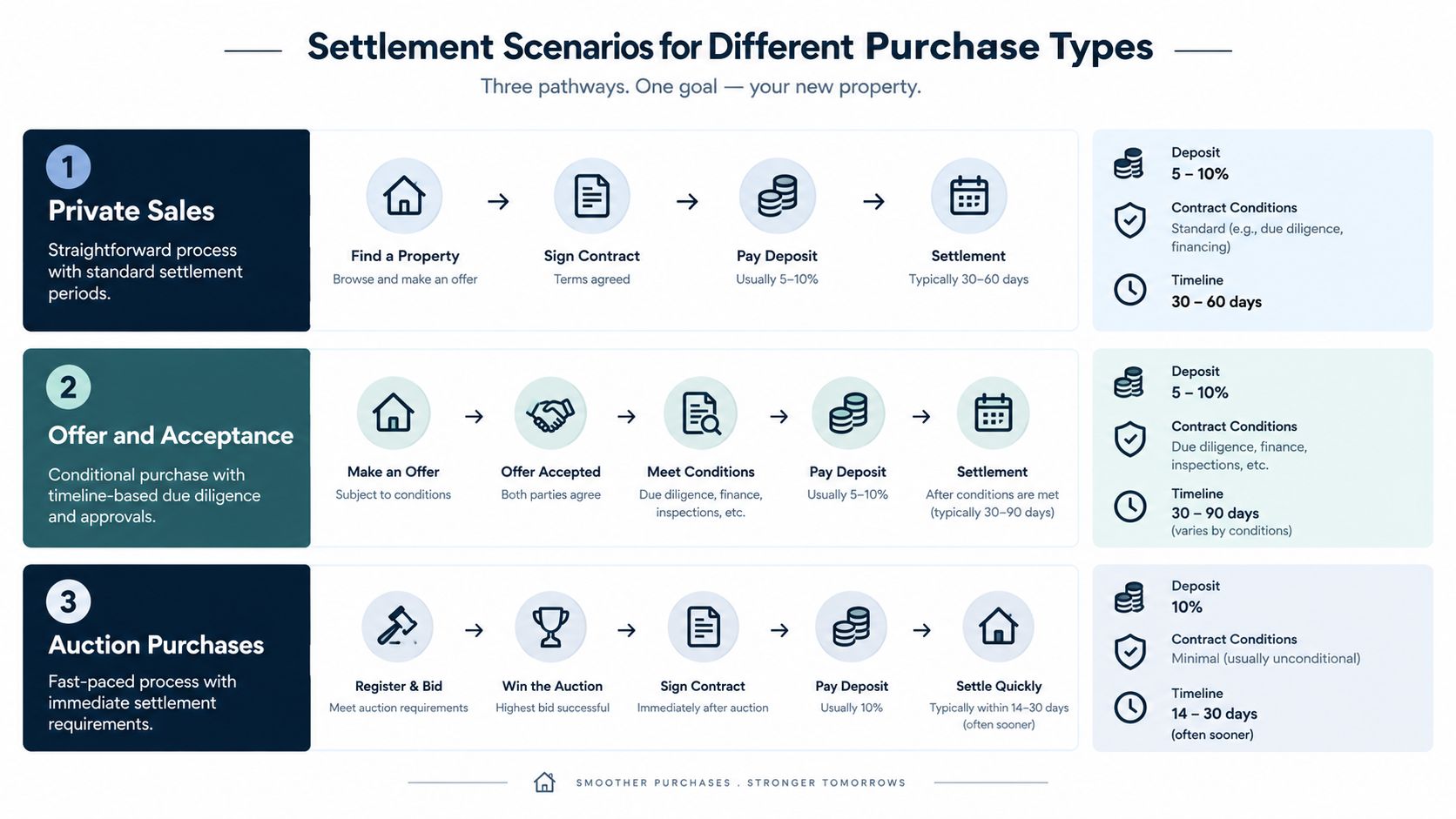 A visual guide comparing settlement processes for private sales, offer and acceptance, and auction property purchases.