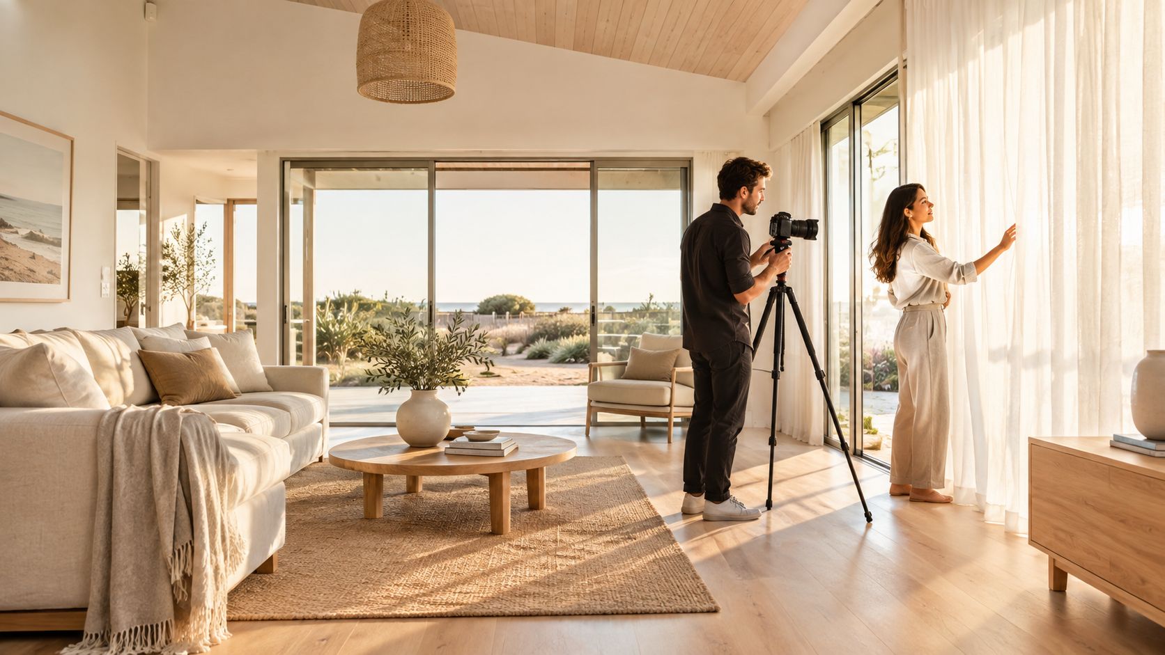 A professional photographer uses a tripod and camera to capture a woman opening curtains in a bright, modern living room.