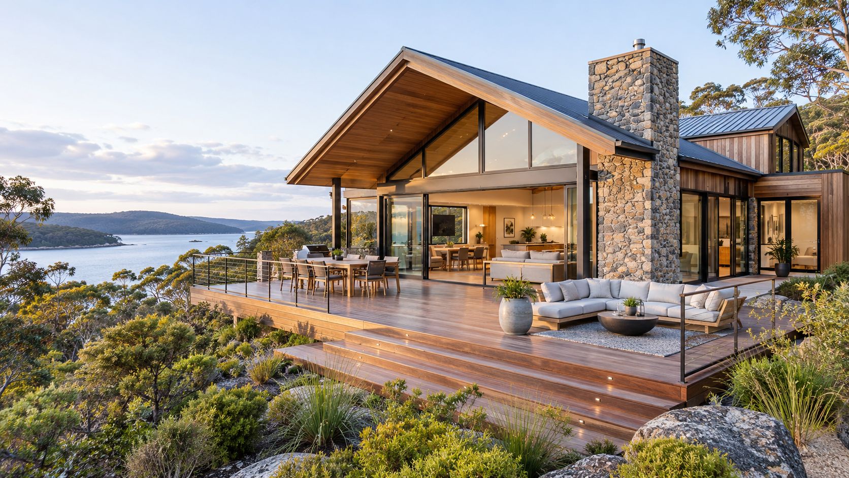 A luxurious contemporary home featuring a large wooden deck overlooking a serene bay and coastal forest.