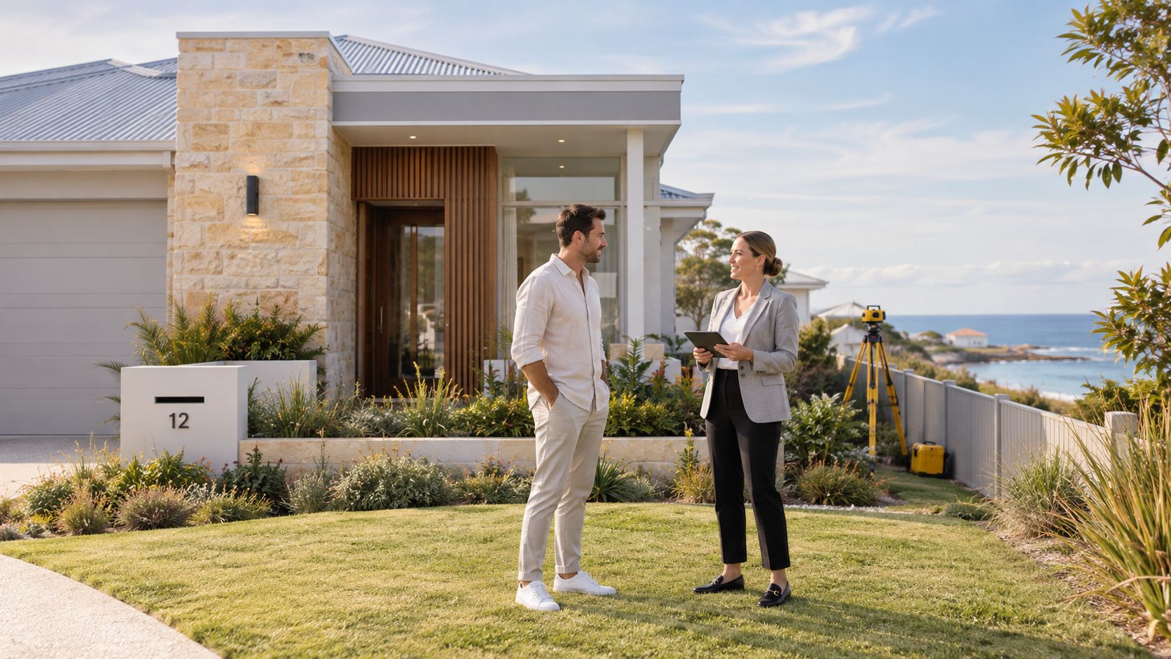 A professional real estate agent discusses property details with a homeowner outside a modern coastal home.