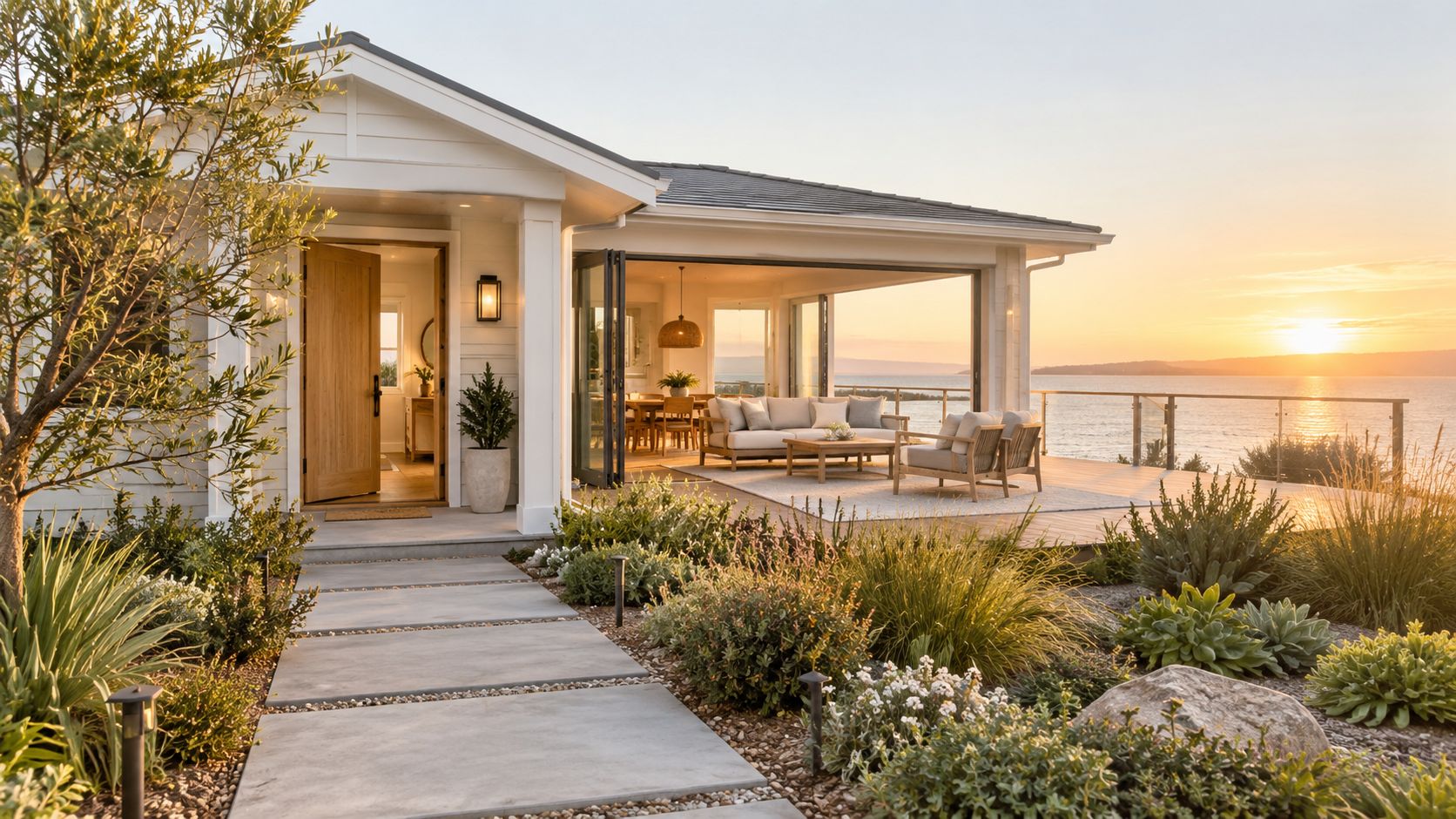 A luxurious beach house with an open living area and a sunset view over the ocean.