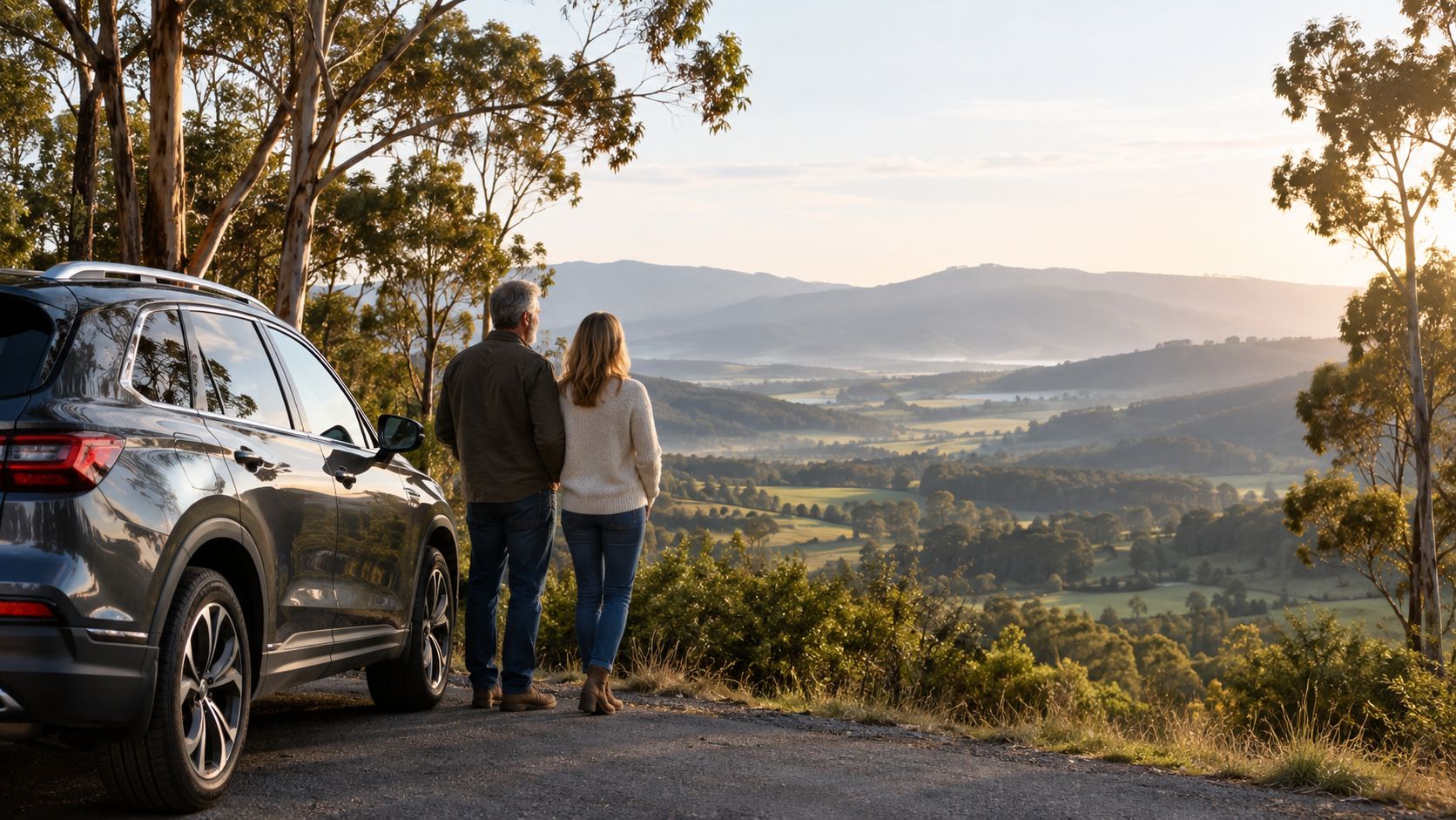 A couple standing beside their car, admiring a picturesque valley view during a misty sunrise.