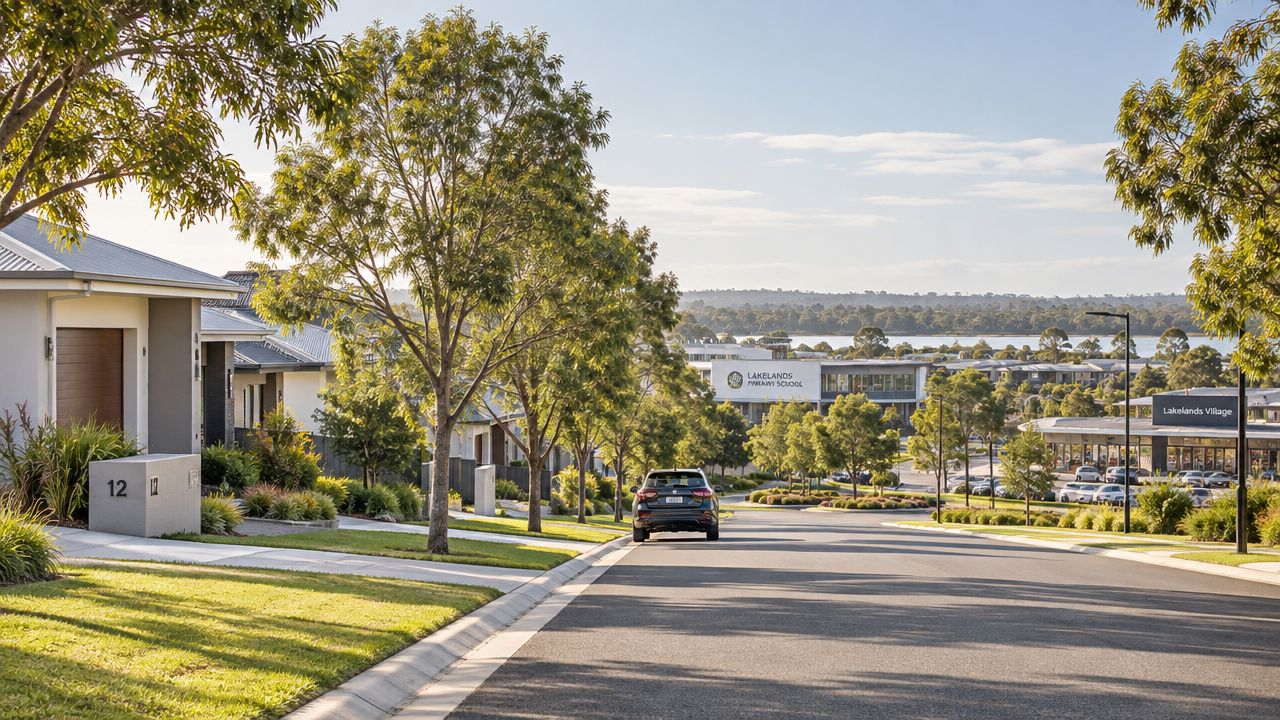 A quiet suburban street with modern houses, trees, and Lakelands Primary School in the background.