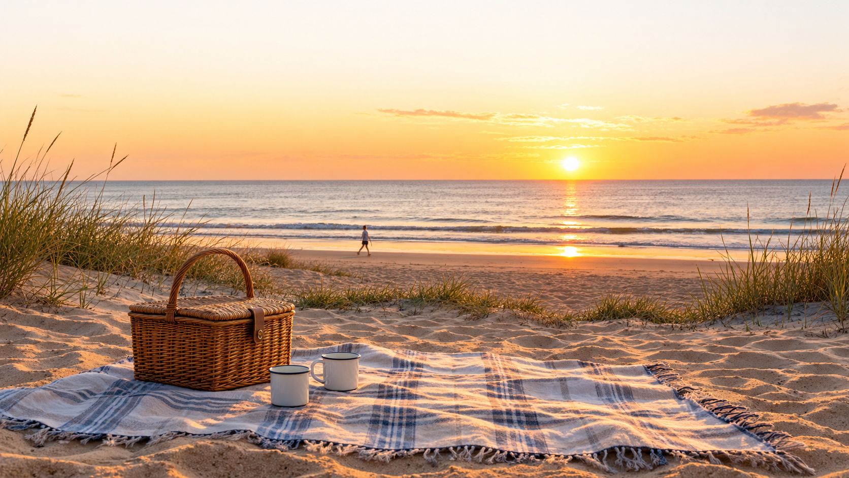 A scenic beach picnic setup with a wicker basket and mugs on a blanket during golden hour.