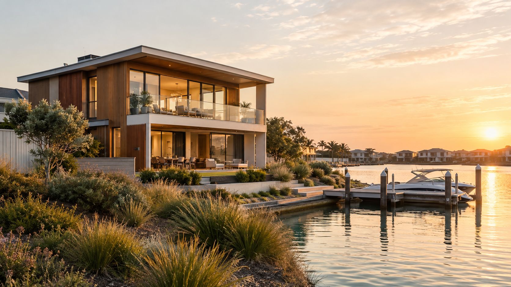A luxurious modern two-story waterfront home with a private boat dock during a beautiful golden sunset.