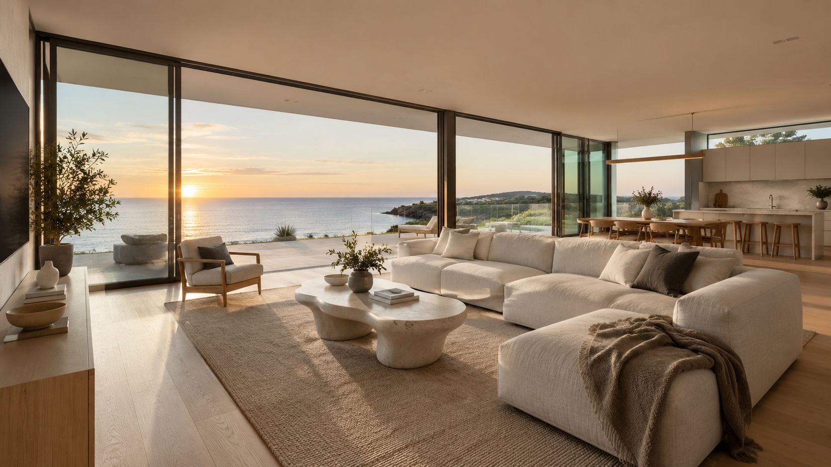 A luxurious modern living room with a white sectional sofa overlooking the ocean during a golden sunset.