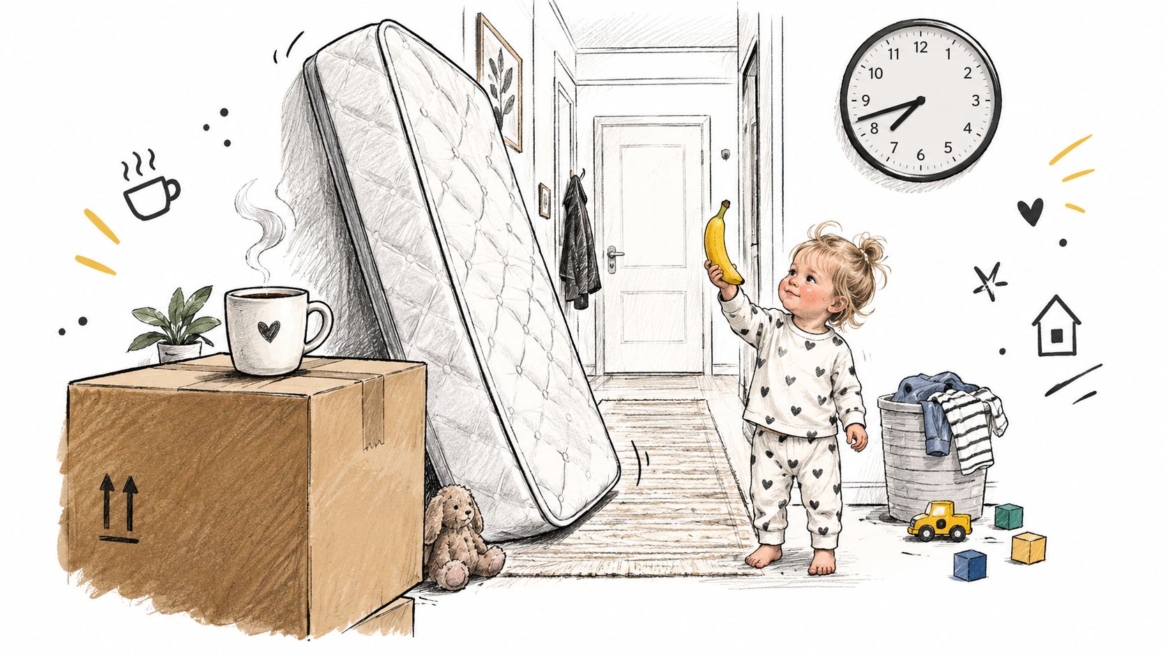 Illustration of a toddler in heart-patterned pajamas holding a banana beside a leaning mattress and moving box.