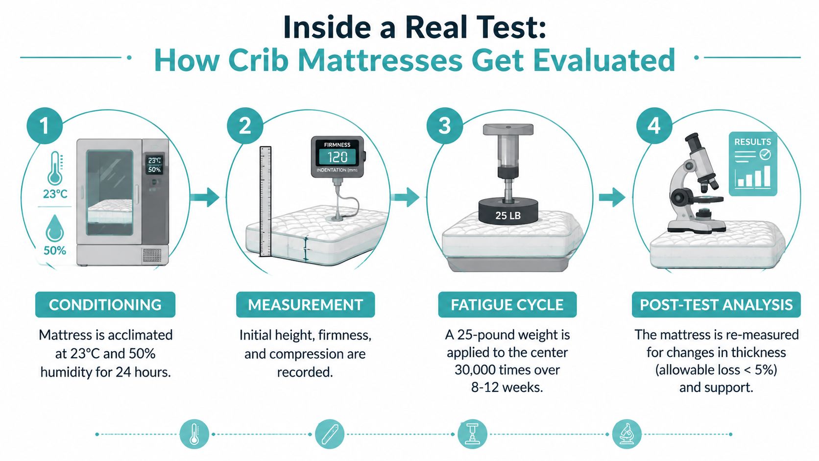 An infographic showing the four steps of crib mattress durability testing from conditioning to post-test analysis.