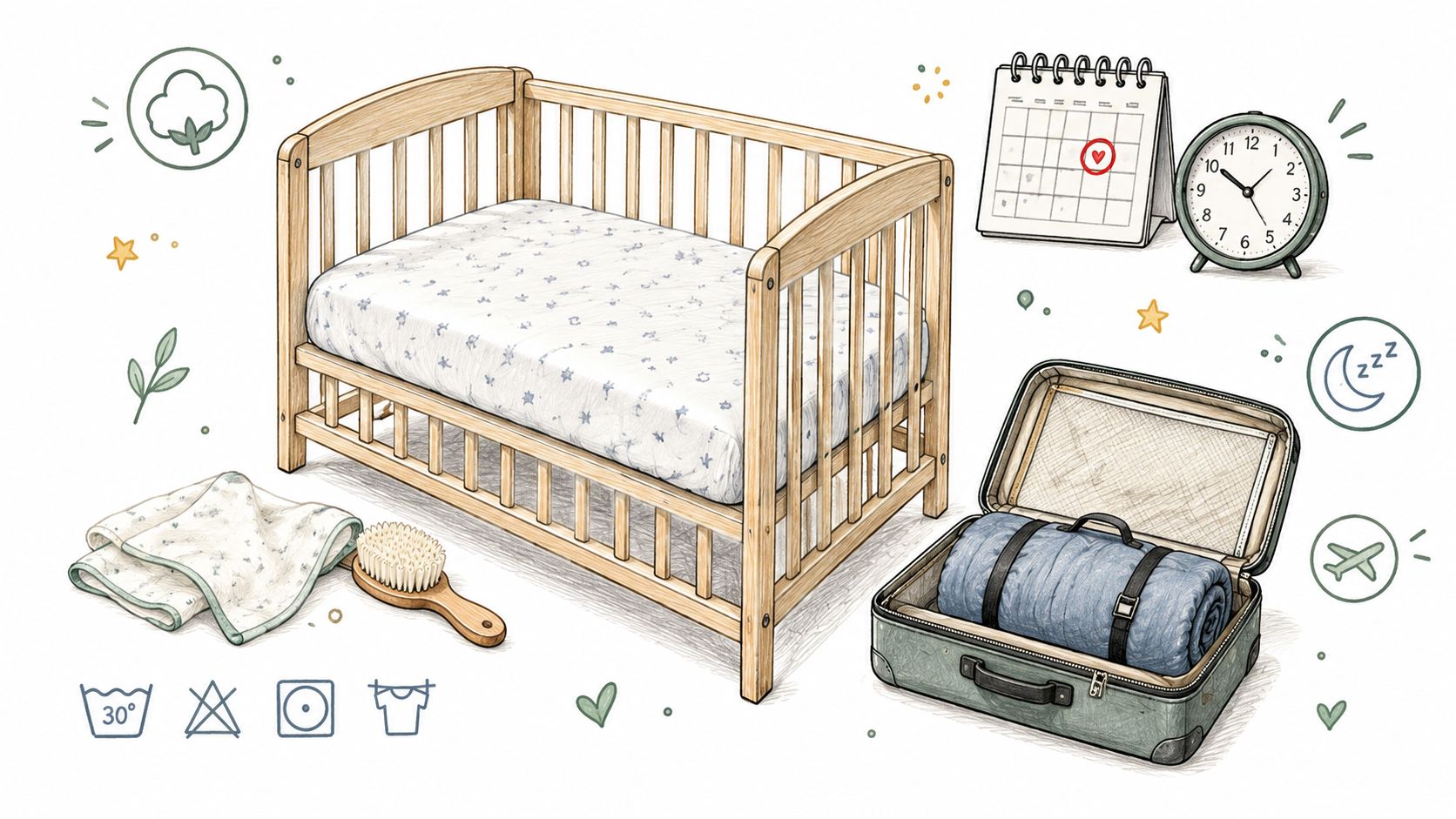 A wooden baby crib with a fitted sheet, a suitcase, a clock, and laundry symbols illustrating nursery preparation