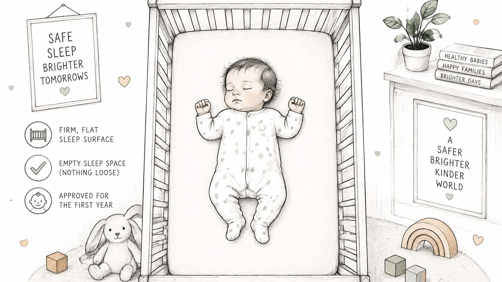 A line-art style illustration depicting a baby sleeping safely in a crib with minimalist nursery decor.