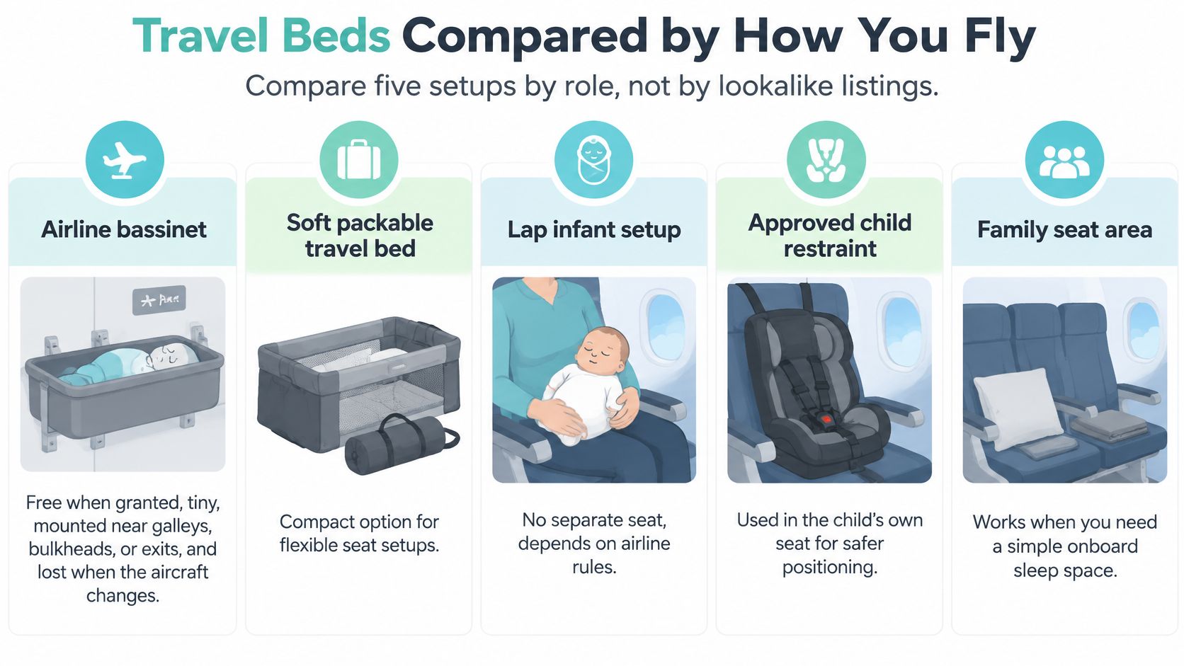 Chart comparing five in-flight options: airline bassinet, soft packable travel bed, lap infant, approved child restraint, and family seat area.