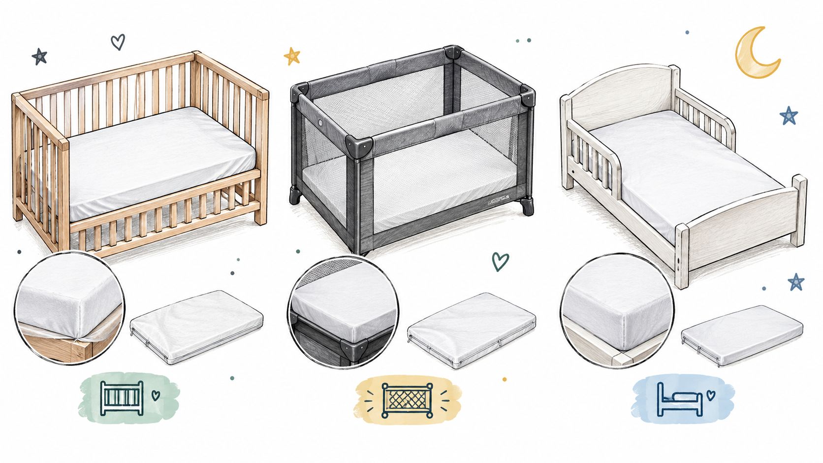 A digital illustration showing three different types of infant and toddler beds with white mattress covers.