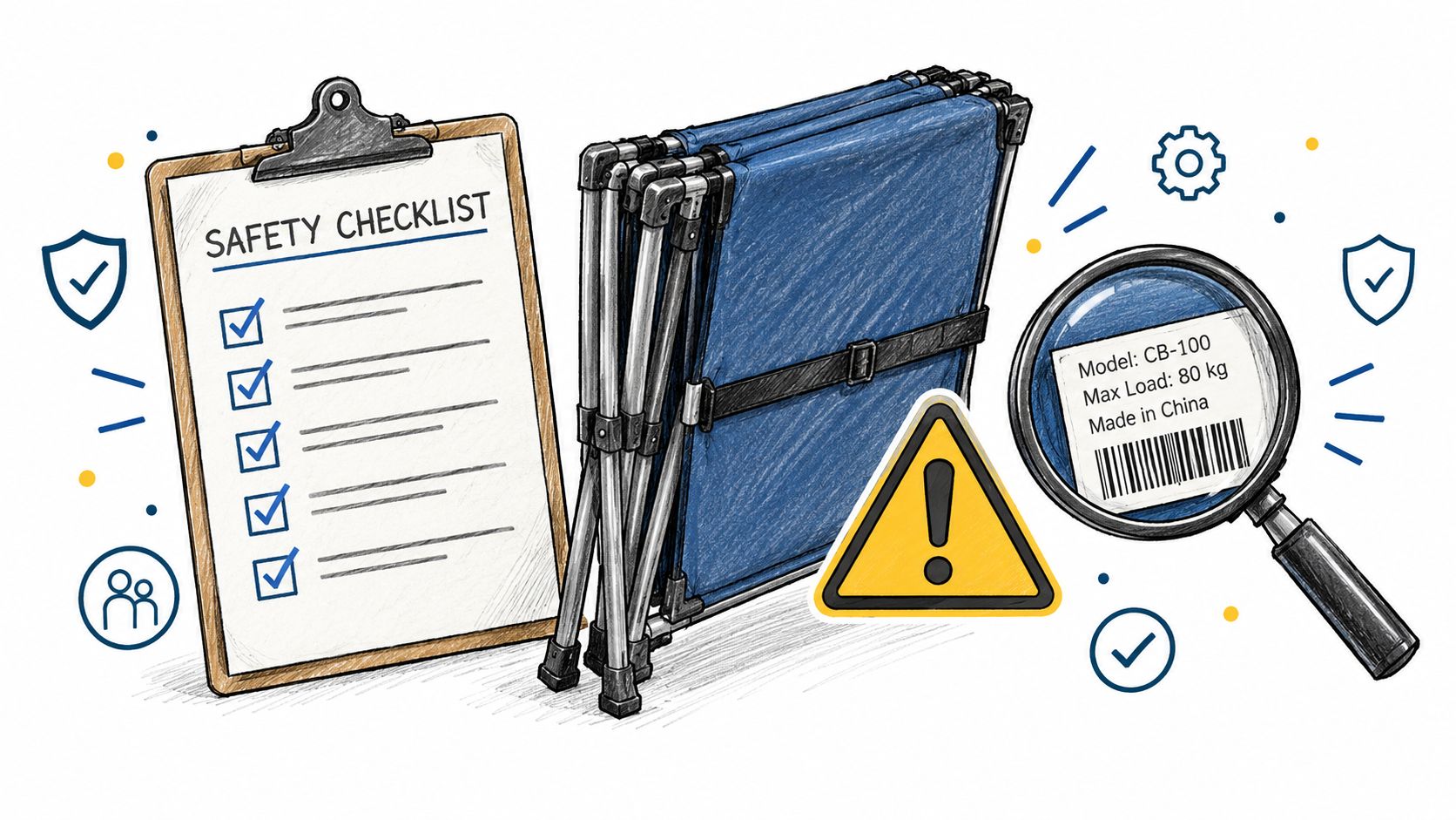 A safety checklist, a folded blue camping cot, and a magnifying glass inspecting product specifications.