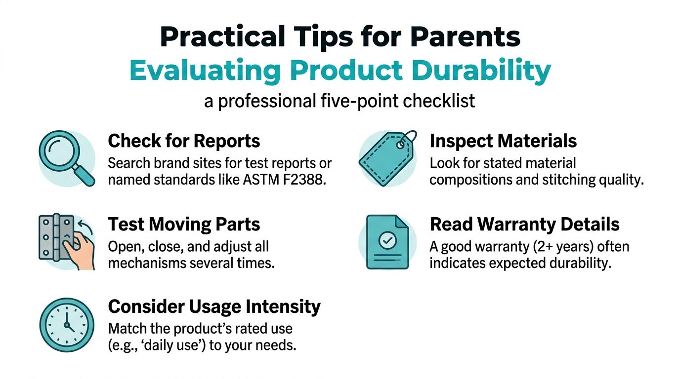 A professional five-point checklist infographic offering practical tips for parents to evaluate baby product durability.