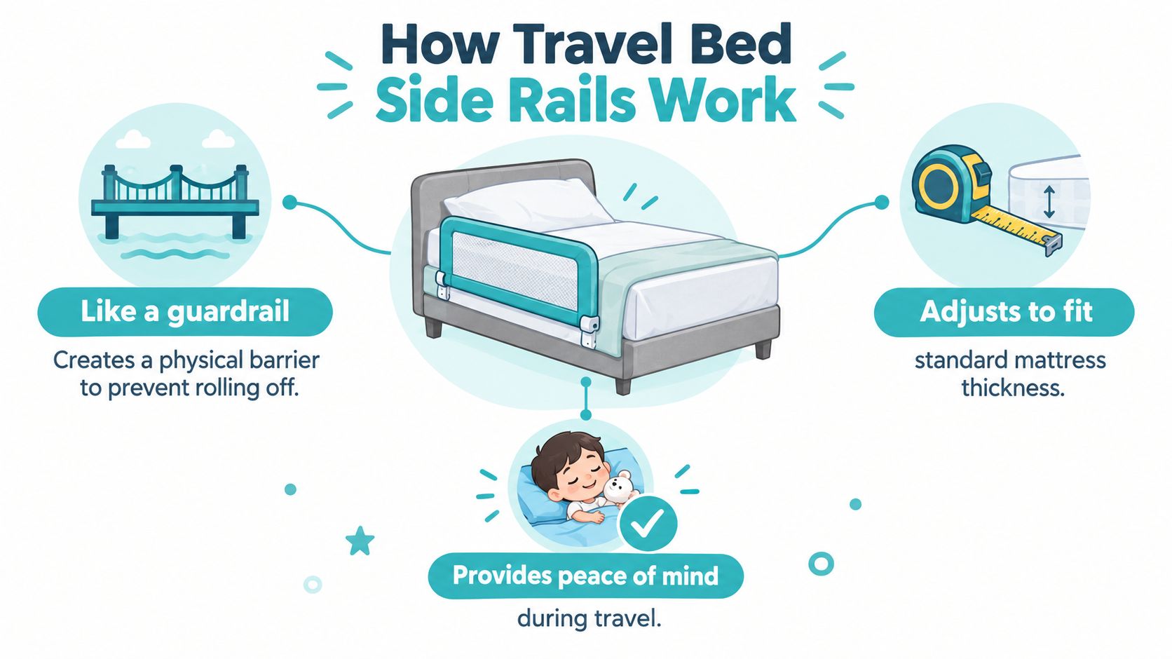 A graphic illustration explaining how travel bed side rails provide safety, physical barriers, and adjustable fit.