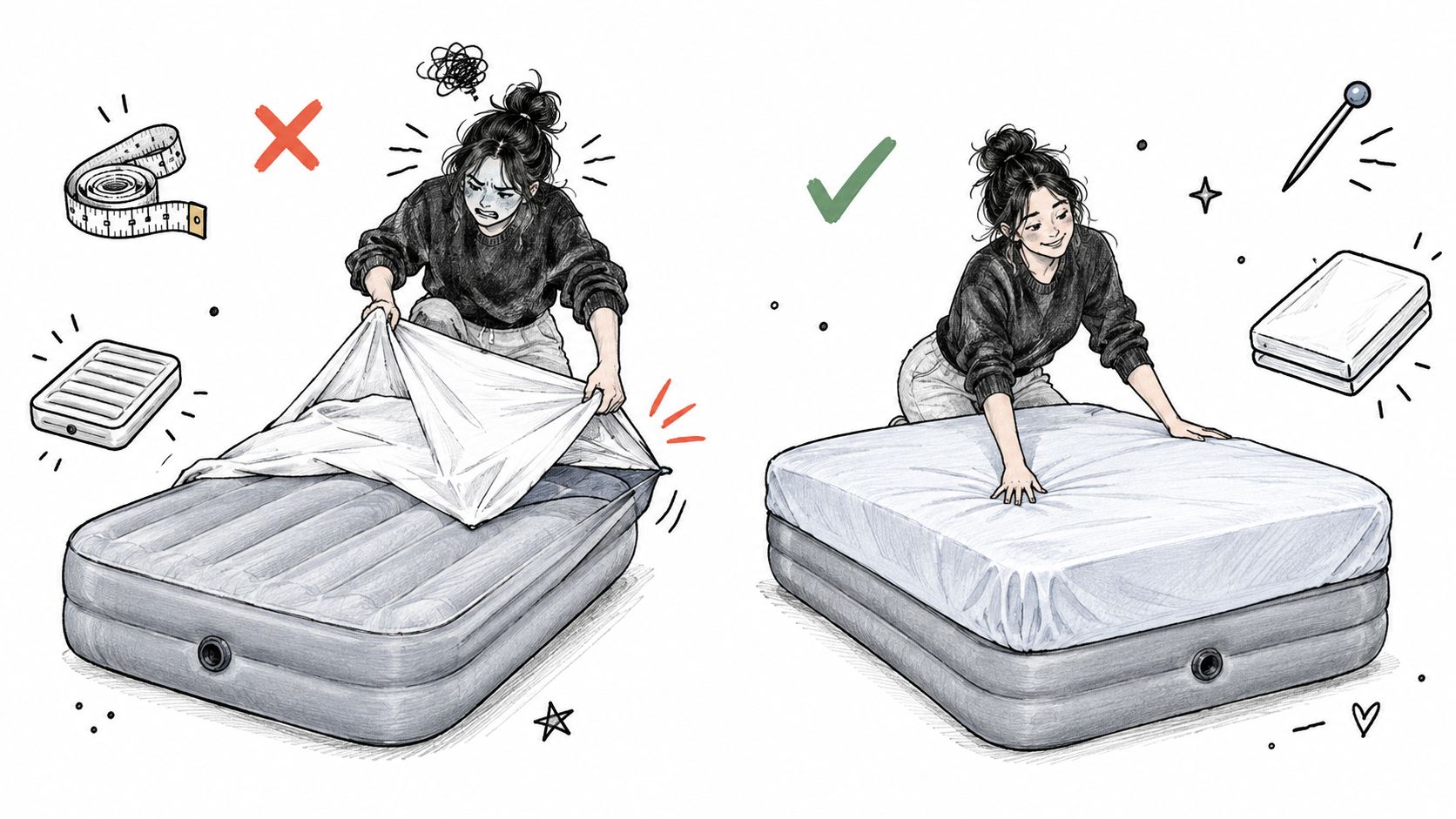 A split illustration comparing a frustrated woman struggling with ill-fitting sheets versus one easily making an air mattress.