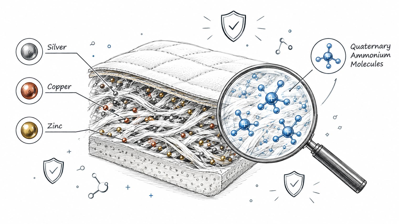 A cross-section illustration of an antimicrobial mattress cover showing layers of silver, copper, zinc, and quaternary ammonium molecules.