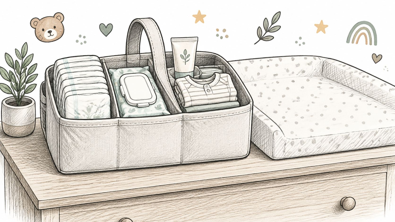 A sketched nursery organizer caddy filled with baby supplies like diapers, wipes, and clothing on a dresser.
