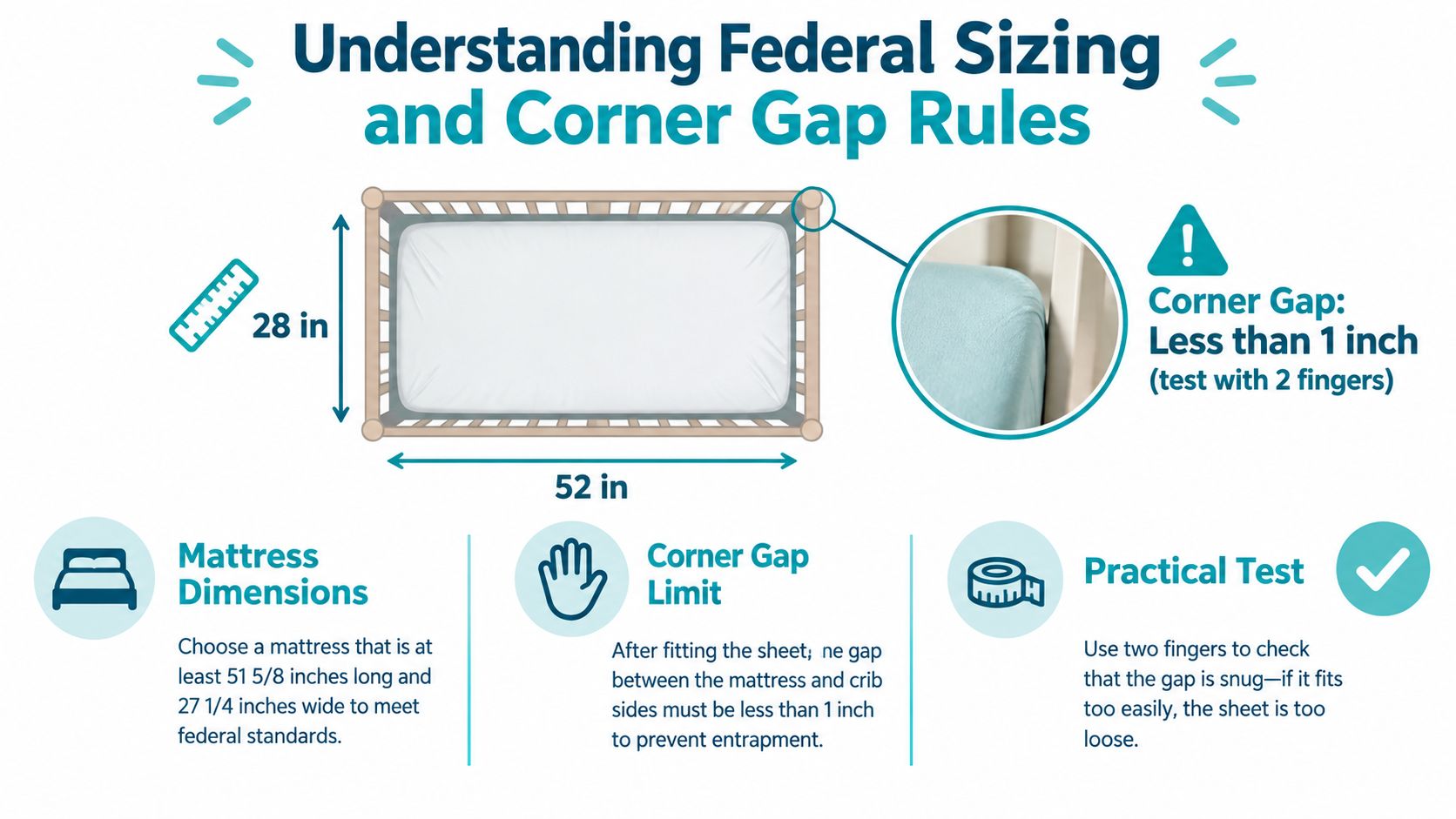An infographic showing standard crib mattress dimensions and safety guidelines for minimizing corner gaps between the mattress and crib.