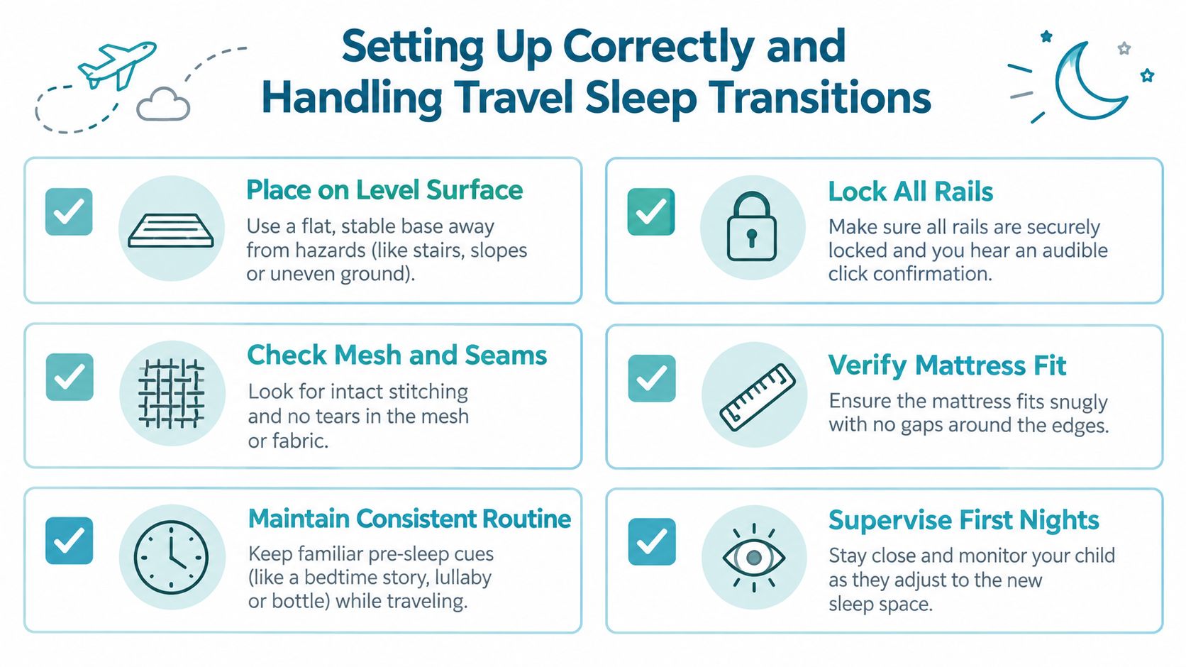 An infographic titled Setting Up Correctly and Handling Travel Sleep Transitions, featuring six safety tips for travel cots.