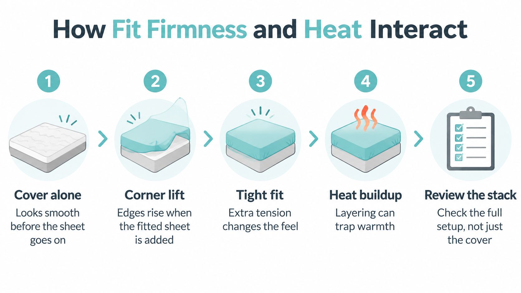 A five-step infographic explaining how mattress covers affect bed firmness and heat retention during sleep.