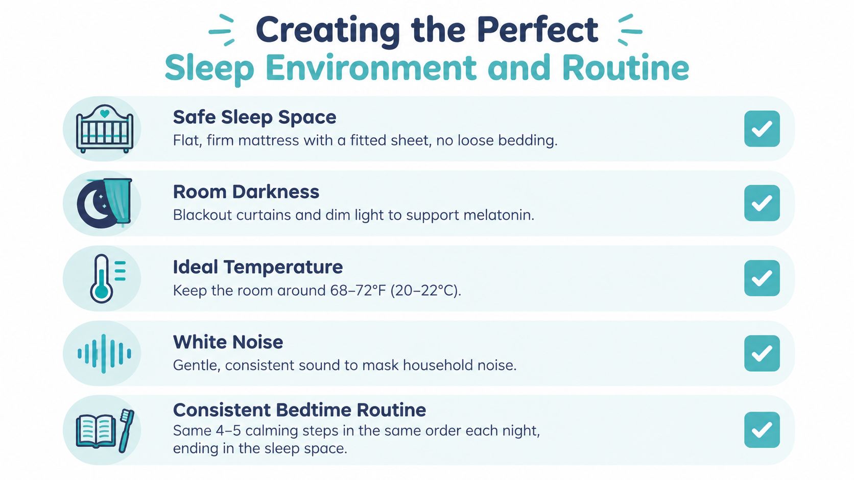 A checklist for creating the perfect baby sleep environment and routine, featuring five essential tips.