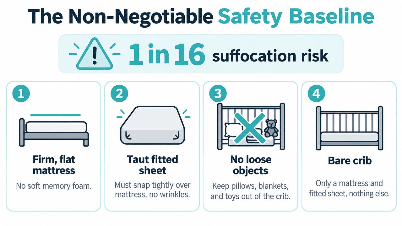 An infographic detailing safety guidelines for a baby crib, including firm mattress, taut sheet, and bare crib requirements.