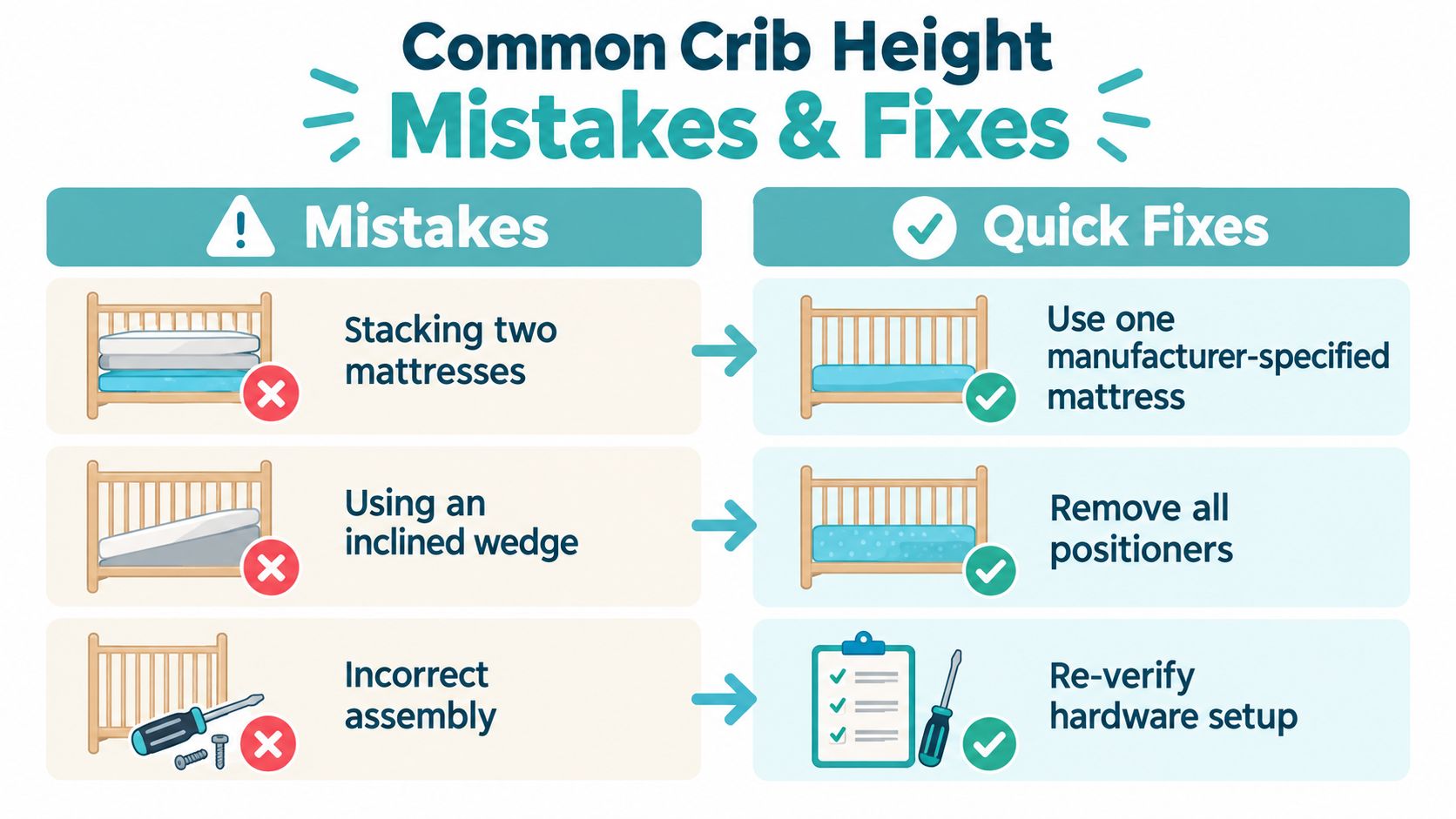 A visual guide showing common crib mattress height mistakes to avoid and their recommended safety fixes.