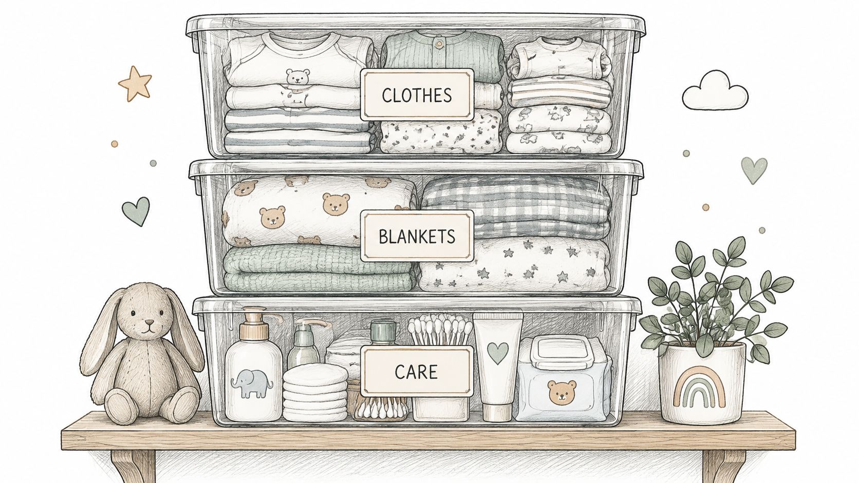 A stack of three transparent storage bins labeled clothes, blankets, and care sitting on a wooden shelf.