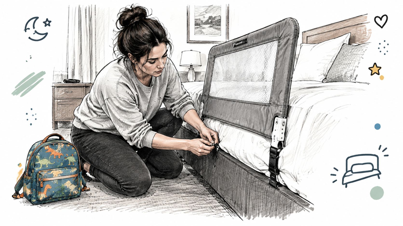 A woman kneeling by a bed installing a safety mesh bed rail for a toddler.