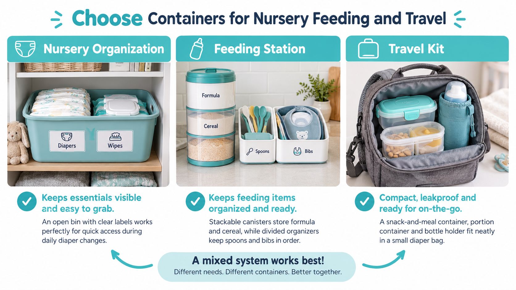 A display showing various baby organization products for nursery feeding and on-the-go travel storage solutions.