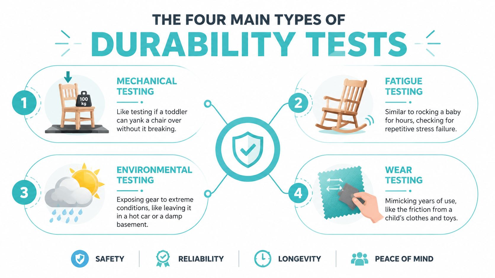 An infographic detailing the four main types of durability tests including mechanical, fatigue, environmental, and wear testing.