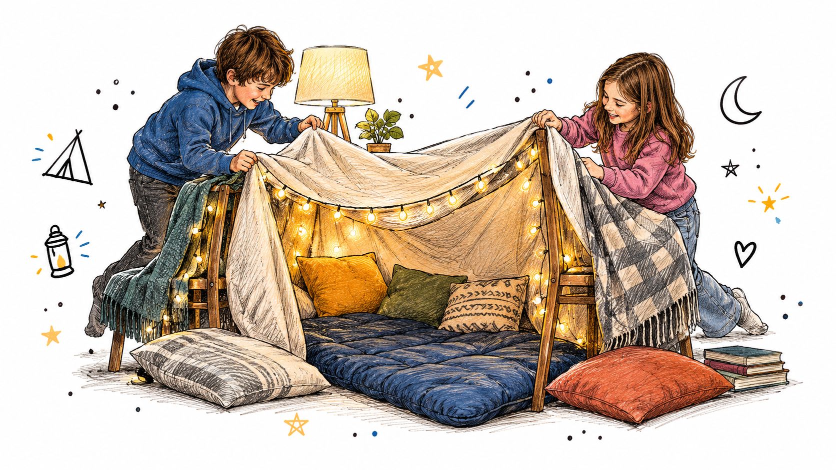 Two children happily constructing a cozy indoor blanket fort illuminated with string lights on a white background.