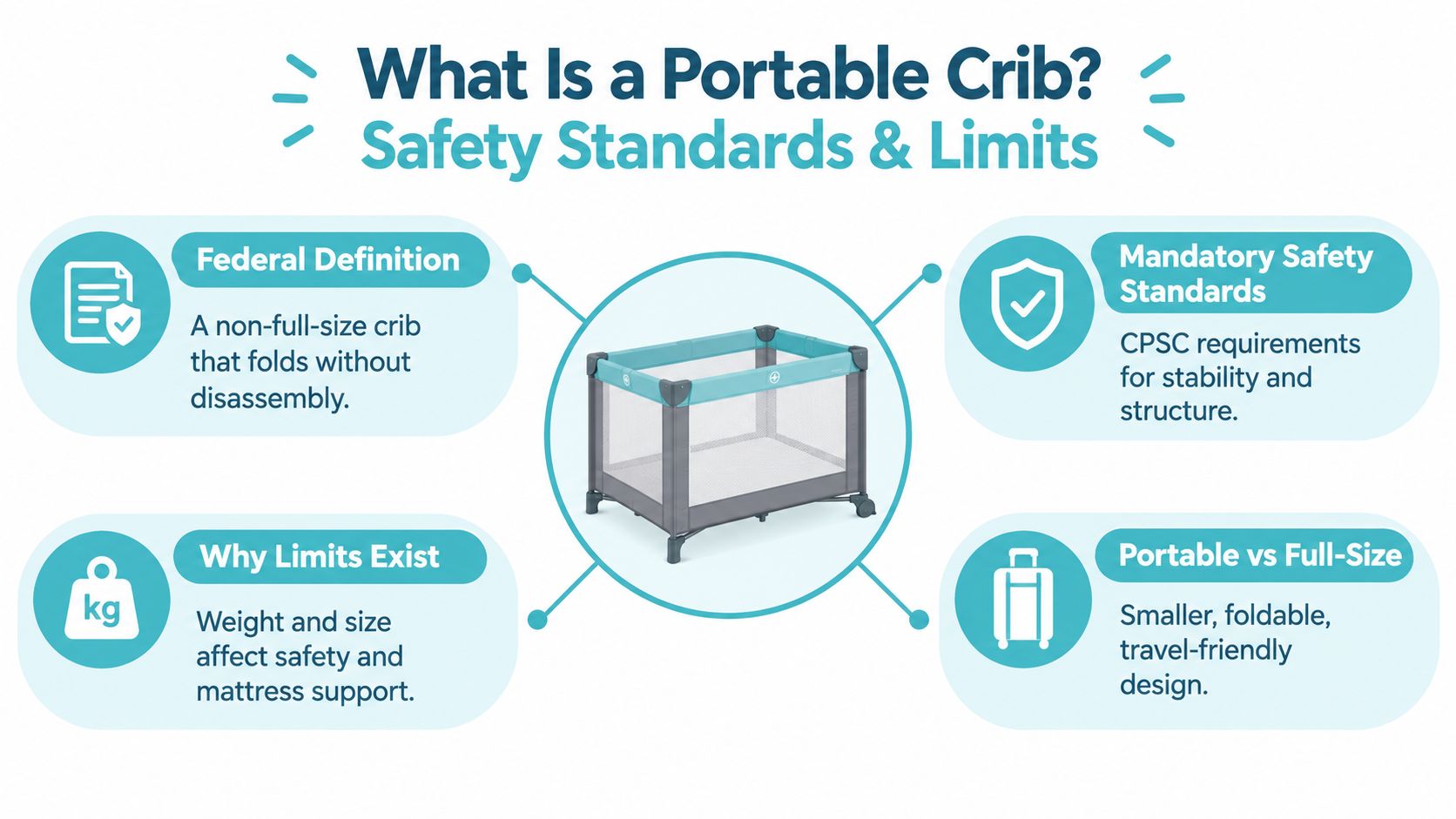 An infographic explaining safety standards, definitions, and design features for portable baby cribs and playards.